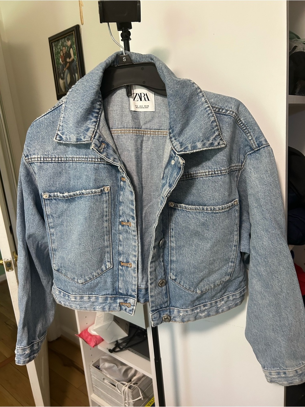 ZARA Light Wash Denim Cropped Jacket - Blue